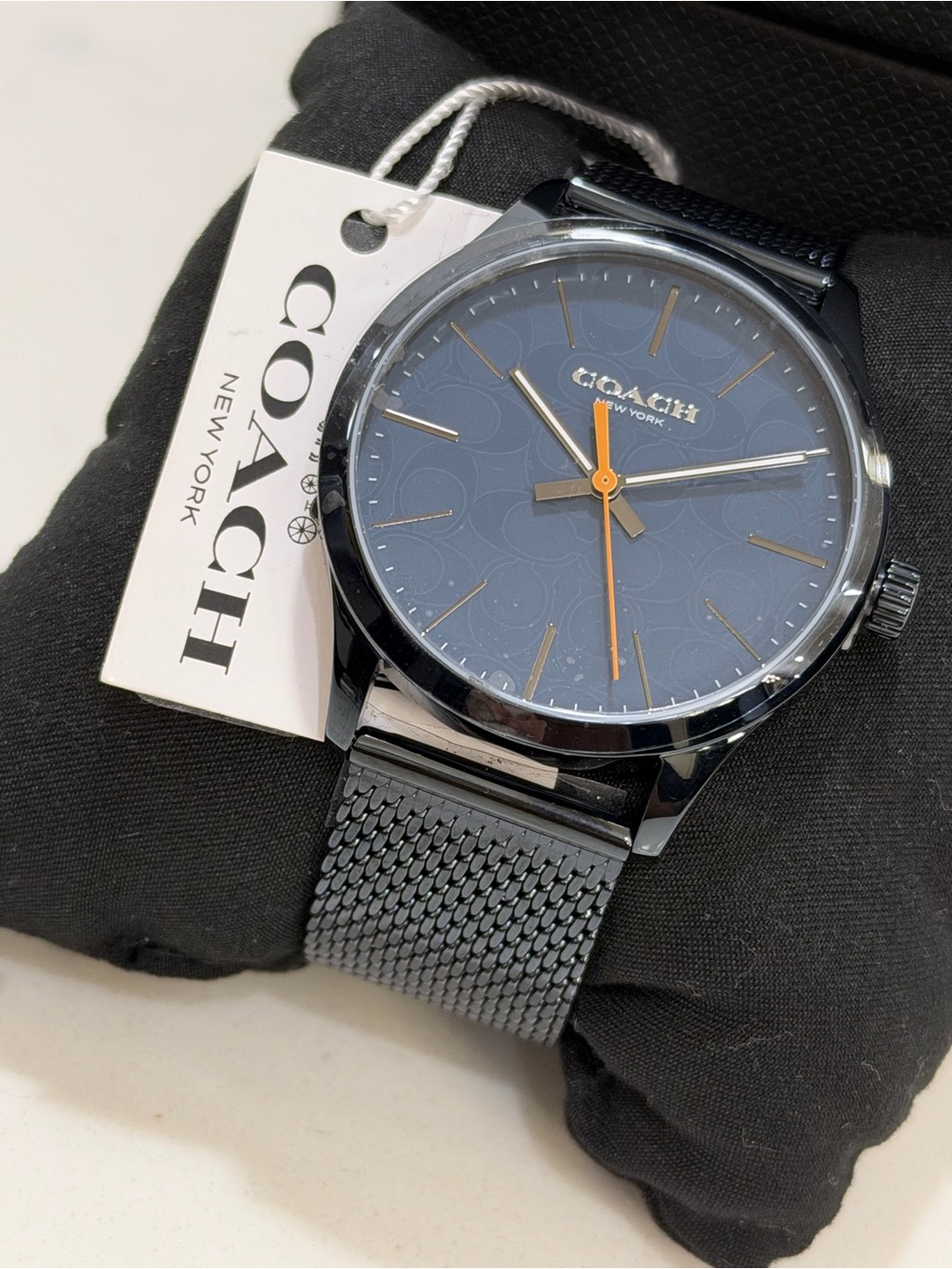 Coach Men's Navy Dial Mesh Strap Watch with Orange Seconds